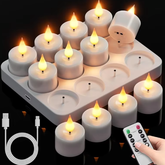Oplaadbare LED Theelichtjes Set van 12 – Vlamloze Flikkerende Kaarsen met Afstandsbediening