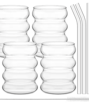 Set van 4 Geribbelde Glazen Drinkglazen met Rietjes – Vintage Koffiemokken van Borosilicaatglas