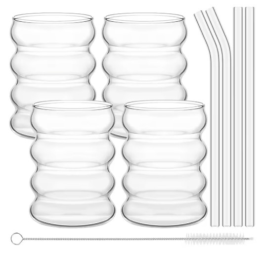 Set van 4 Geribbelde Glazen Drinkglazen met Rietjes – Vintage Koffiemokken van Borosilicaatglas