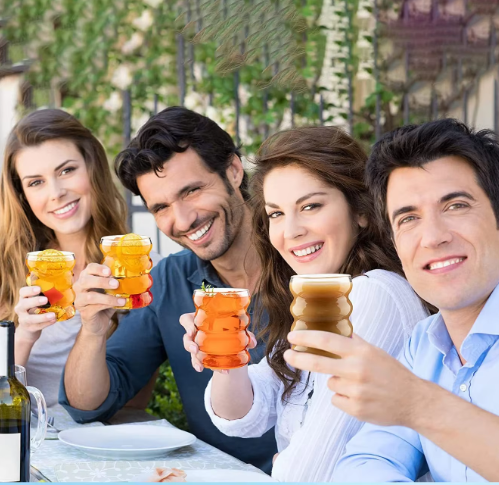 Set van 4 Geribbelde Glazen Drinkglazen met Rietjes – Vintage Koffiemokken van Borosilicaatglas