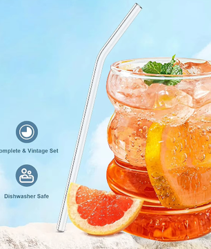 Set van 4 Geribbelde Glazen Drinkglazen met Rietjes – Vintage Koffiemokken van Borosilicaatglas