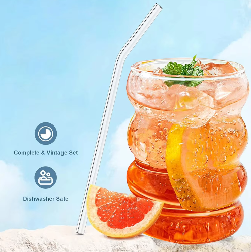 Set van 4 Geribbelde Glazen Drinkglazen met Rietjes – Vintage Koffiemokken van Borosilicaatglas
