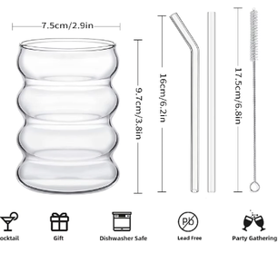 Set van 4 Geribbelde Glazen Drinkglazen met Rietjes – Vintage Koffiemokken van Borosilicaatglas