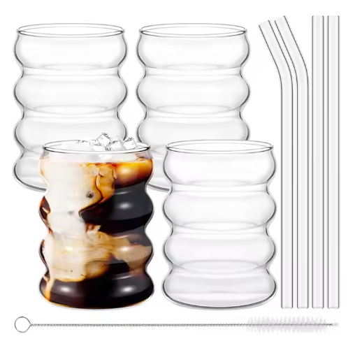 Set van 4 Geribbelde Glazen Drinkglazen met Rietjes – Vintage Koffiemokken van Borosilicaatglas
