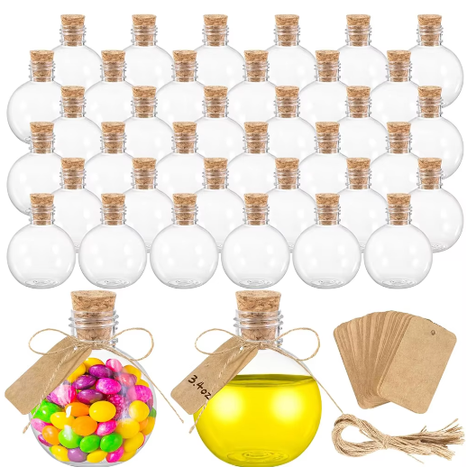 Bolvormige Mini Flesjes met Kurk en Tags – Decoratieve Plastic Flesjes 100 ml