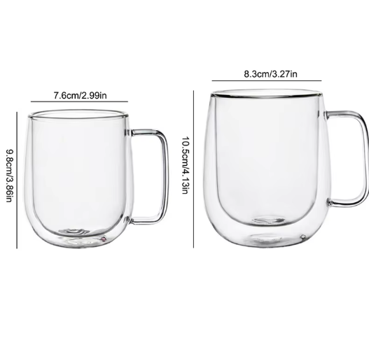 Dubbelwandige Glazen Koffiemok met Handvat – Hittebestendig Borosilicaatglas 150–350 ml