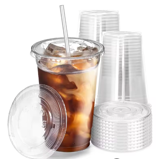 Set van 50 Wegwerp Plastic Bekers met Deksels – 12/16 oz Bekers voor IJskoffie, Smoothies en Koude Drankjes