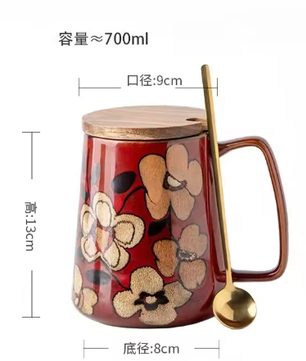 Keramische Koffiemok 700 ml met Houten Deksel en Lepel – Handgetekend Design