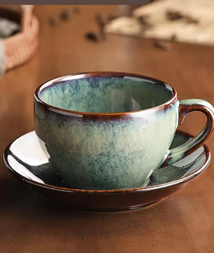 Retro Keramische Koffiekop met Schotel 300 ml – Koffiemok Set voor Latte en Thee