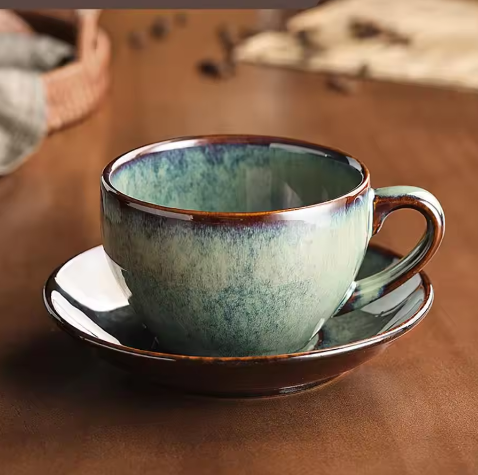 Retro Keramische Koffiekop met Schotel 300 ml – Koffiemok Set voor Latte en Thee