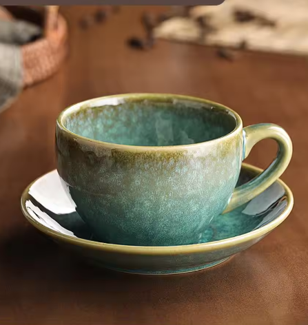 Retro Keramische Koffiekop met Schotel 300 ml – Koffiemok Set voor Latte en Thee