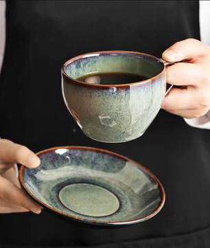 Retro Keramische Koffiekop met Schotel 300 ml – Koffiemok Set voor Latte en Thee