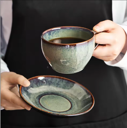 Retro Keramische Koffiekop met Schotel 300 ml – Koffiemok Set voor Latte en Thee