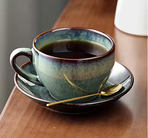 Retro Keramische Koffiekop met Schotel 300 ml – Koffiemok Set voor Latte en Thee