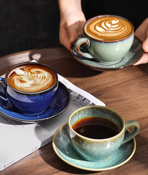 Retro Keramische Koffiekop met Schotel 300 ml – Koffiemok Set voor Latte en Thee