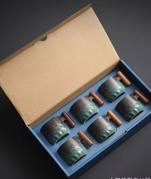 Set van 6 Retro Keramische Espressokopjes met Houten Handvat – 70 ml