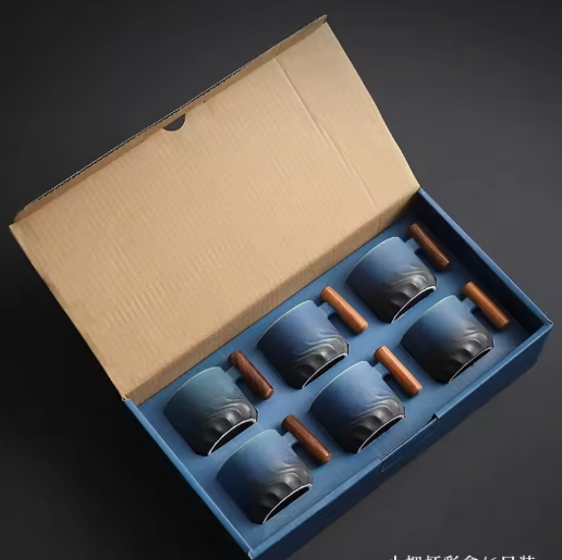 Set van 6 Retro Keramische Espressokopjes met Houten Handvat – 70 ml