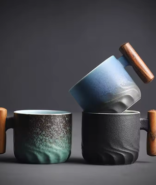 Set van 6 Retro Keramische Espressokopjes met Houten Handvat – 70 ml