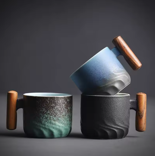 Set van 6 Retro Keramische Espressokopjes met Houten Handvat – 70 ml