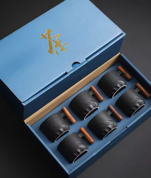 Set van 6 Retro Keramische Espressokopjes met Houten Handvat – 70 ml