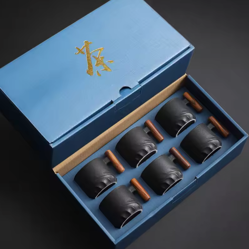 Set van 6 Retro Keramische Espressokopjes met Houten Handvat – 70 ml