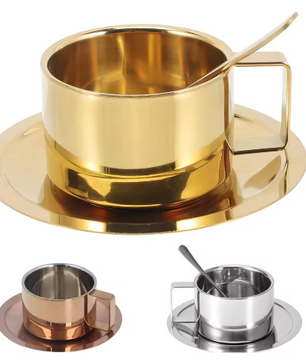 RVS Dubbelwandige Koffiekop met Schotel 200 ml – Herbruikbare Espresso- en Melkkop Set