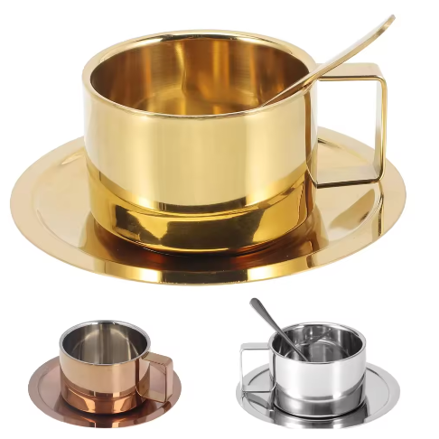 RVS Dubbelwandige Koffiekop met Schotel 200 ml – Herbruikbare Espresso- en Melkkop Set