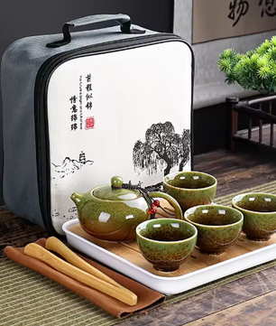 Draagbare Kung Fu Theeset met Reistas – Porseleinen Theepot en 4 Theekopjes