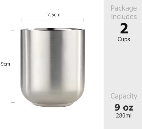 Set van 2 Dubbelwandige RVS Mokken 280 ml – Geïsoleerde Metalen Drinkbekers voor Thuis, Restaurant en Camping