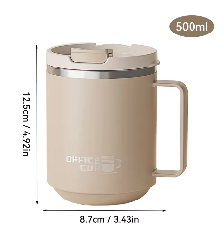 Dubbelwandige RVS Koffiemok met Handvat – Geïsoleerde Drinkbeker met Deksel