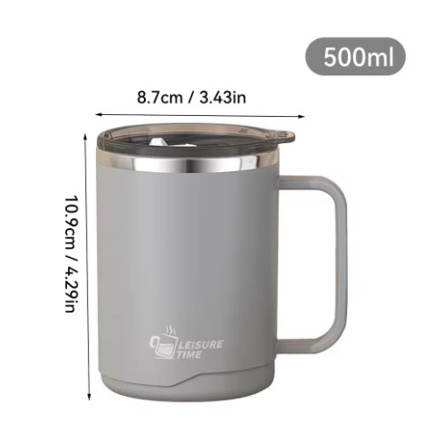 Dubbelwandige RVS Koffiemok met Handvat – Geïsoleerde Drinkbeker met Deksel