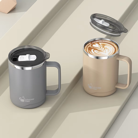 Dubbelwandige RVS Koffiemok met Handvat – Geïsoleerde Drinkbeker met Deksel