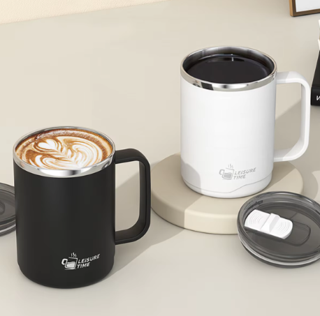 Dubbelwandige RVS Koffiemok met Handvat – Geïsoleerde Drinkbeker met Deksel