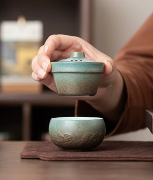 Mini Camping Theeservies – Keramische Theekop met Draagbaar Reisetui