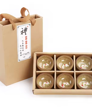 Set van 6 Porseleinen Theekopjes – Chinese Kung Fu Theeset met Crackle Glazuur