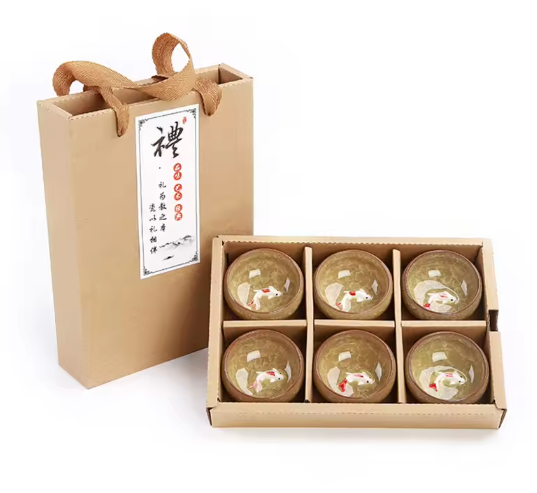 Set van 6 Porseleinen Theekopjes – Chinese Kung Fu Theeset met Crackle Glazuur