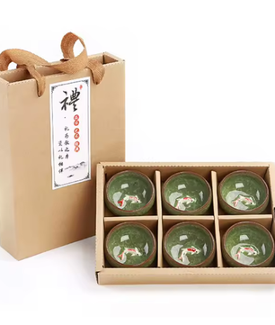Set van 6 Porseleinen Theekopjes – Chinese Kung Fu Theeset met Crackle Glazuur
