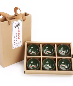 Set van 6 Porseleinen Theekopjes – Chinese Kung Fu Theeset met Crackle Glazuur