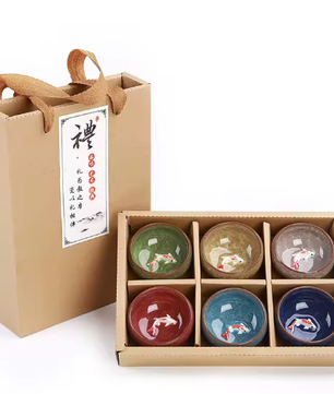 Set van 6 Porseleinen Theekopjes – Chinese Kung Fu Theeset met Crackle Glazuur