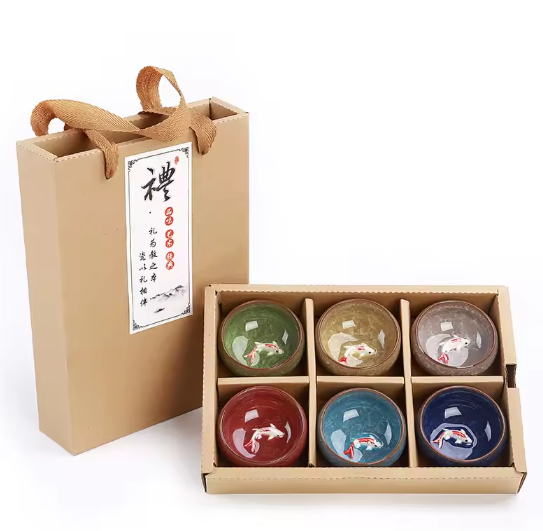 Set van 6 Porseleinen Theekopjes – Chinese Kung Fu Theeset met Crackle Glazuur