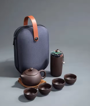 Draagbaar Reistheeservies – Paarse Klei Theepot met 4 Theekopjes