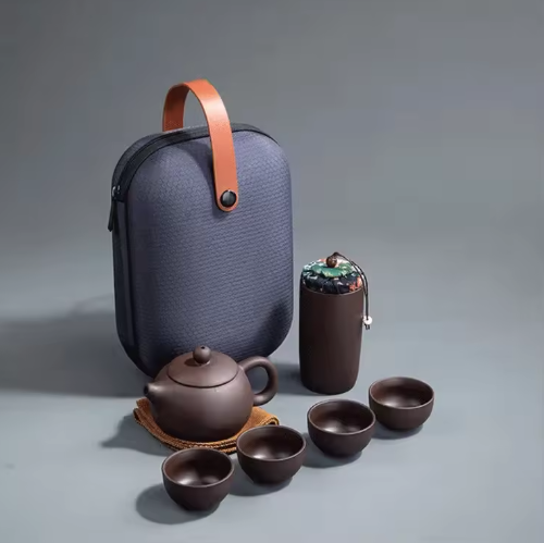 Draagbaar Reistheeservies – Paarse Klei Theepot met 4 Theekopjes