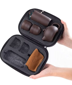 Draagbaar Reistheeservies – Paarse Klei Theepot met 4 Theekopjes