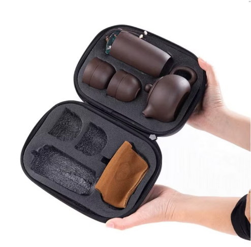 Draagbaar Reistheeservies – Paarse Klei Theepot met 4 Theekopjes