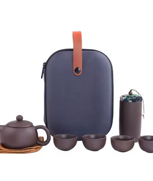 Draagbaar Reistheeservies – Paarse Klei Theepot met 4 Theekopjes