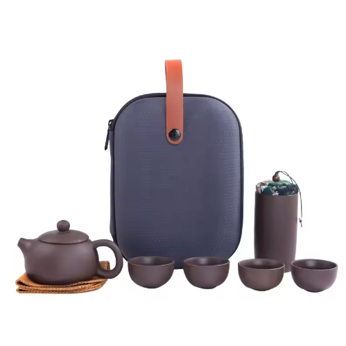 Draagbaar Reistheeservies – Paarse Klei Theepot met 4 Theekopjes