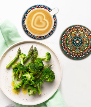 Set van 8 Houten Mandala Onderzetters – Decoratieve Onderzetterset voor Tafel en Bureau