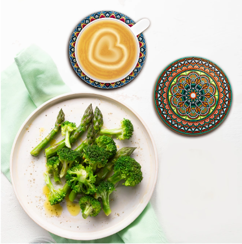 Set van 8 Houten Mandala Onderzetters – Decoratieve Onderzetterset voor Tafel en Bureau