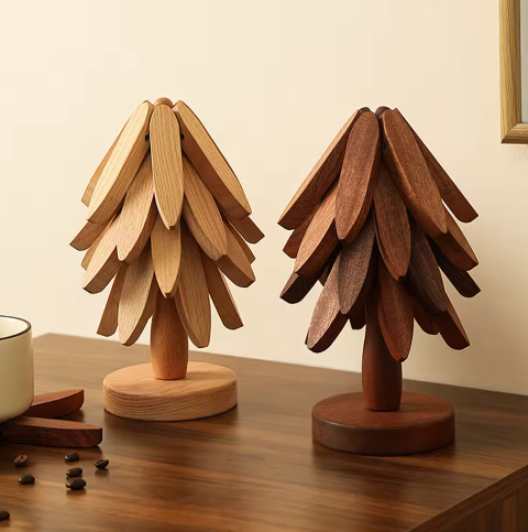 Houten Opvouwbare Boom Onderzetterset met Standaard – Boomvormige Onderzetters