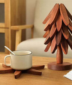 Houten Opvouwbare Boom Onderzetterset met Standaard – Boomvormige Onderzetters